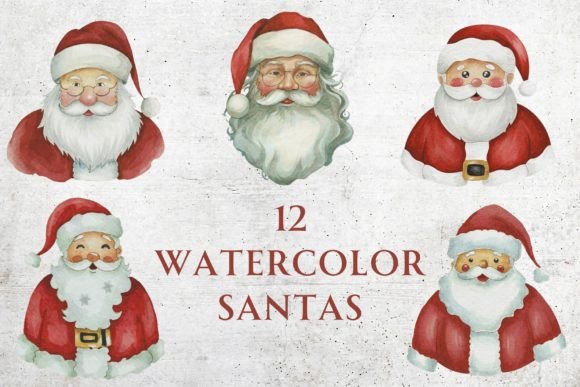 12 Watercolor Santa Clip Art: Illustrations for Crafting