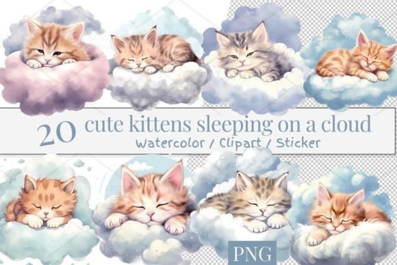 20 Watercolor Cute Cat Illustrations for Commercial Use
