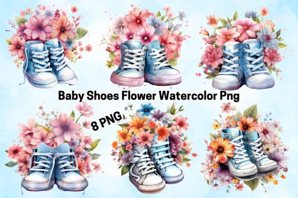 Baby Shoes Flower Watercolor PNG: Illustrations for Crafters