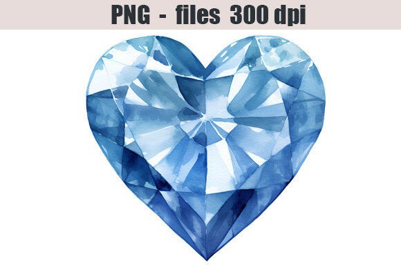 Blue Diamond Heart Watercolor Clipart in Illustrations