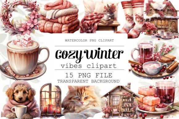 Cozy Winter Vibes Watercolor Clipart Illustrations