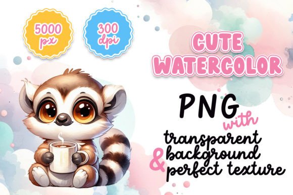 Cute Watercolor Lemur with Hot Cocoa Illustrations