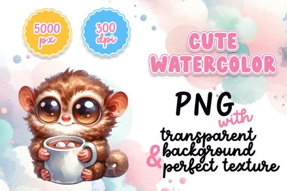Cute Watercolor Tarsier with Hot Cocoa Illustrations