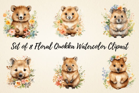 Floral Quokka Watercolor Clipart for Illustrations