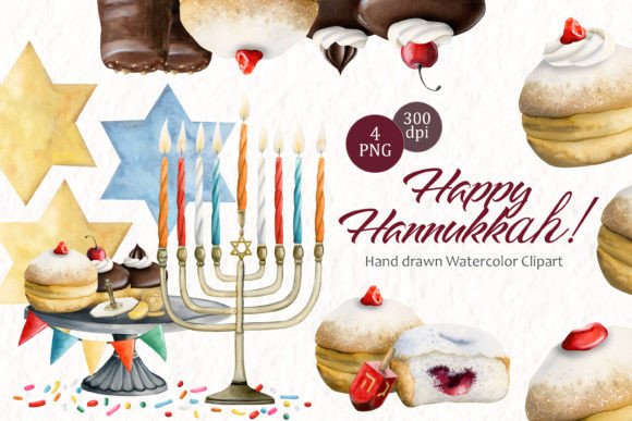 Happy Hanukkah Jewish Watercolor Clipart Illustrations