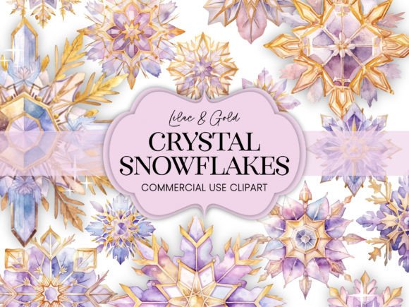 Lilac Gold Watercolor Crystal Snowflakes Illustrations