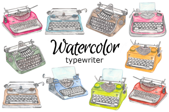 Typewriter Watercolor Clipart: Editorial Illustrations
