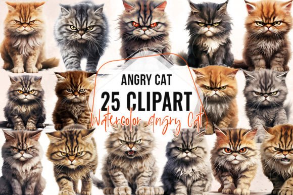 Watercolor Angry Cats Clipart: Bold Illustrations