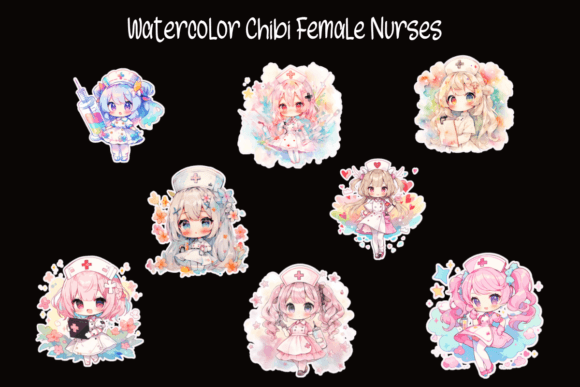 Watercolor Chibi Female Nurses Illustrations for Crafts