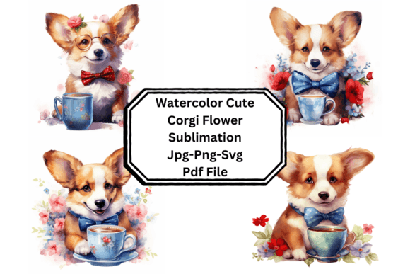 Watercolor Cute Corgi Flower Illustrations for Crafts