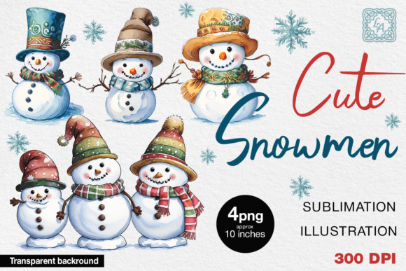 Watercolor Cute Snowmen Cliparts: 4 PNG Illustrations