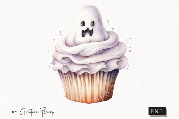 Watercolor Ghost Cupcake Clipart Illustrations