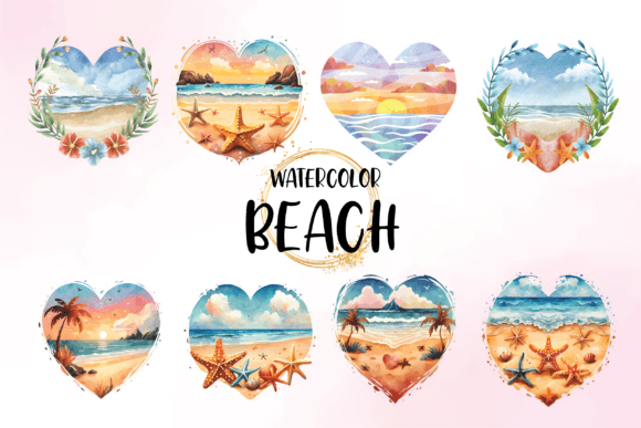 Watercolor Heart Beach Clipart: Illustrations for Crafts