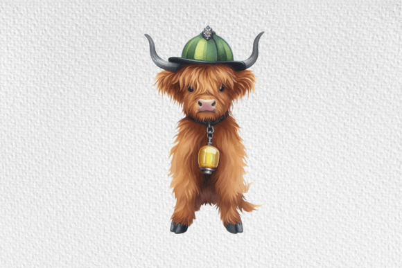 Watercolor Highland Cow Firefighter PNG Illustrations