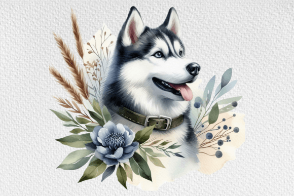 Watercolor Husky Dog Clipart in Illustrations