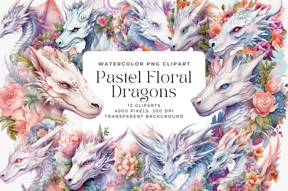 Watercolor Pastel Floral Dragons Illustrations