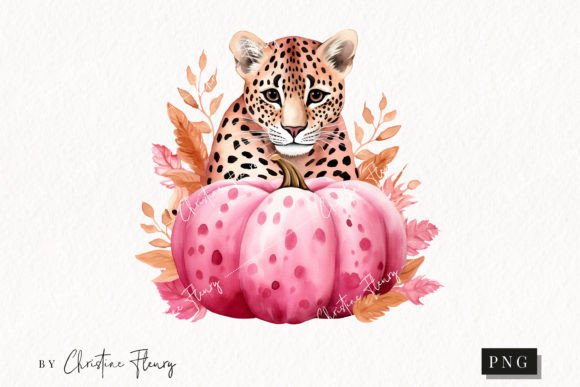 Watercolor Pink Leopard Pumpkin Clipart Illustrations