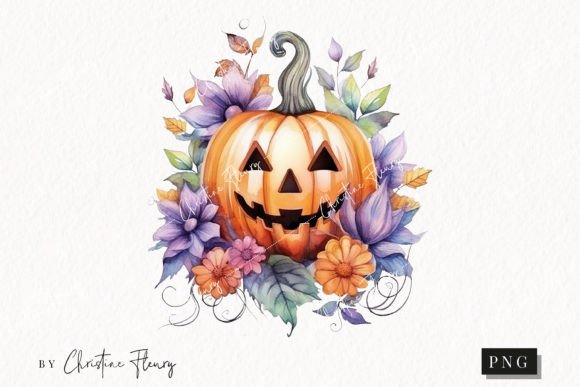 Watercolor Purple Flower Jack O Lantern Illustrations