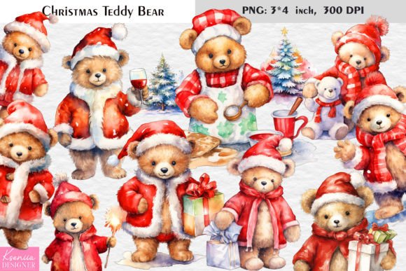 Watercolor Santa Teddy Bear Clipart: Festive Illustrations