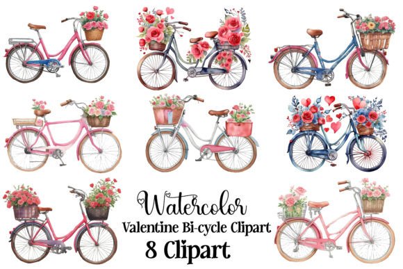 Watercolor Valentine Bicycle Clipart PNG Illustrations